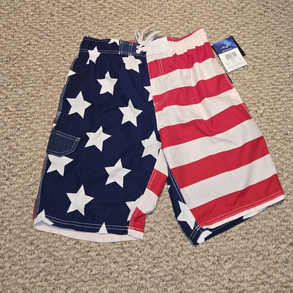 NWT Kanu Surf Board Shorts Swim Trunks American Flag Men's Size Medium